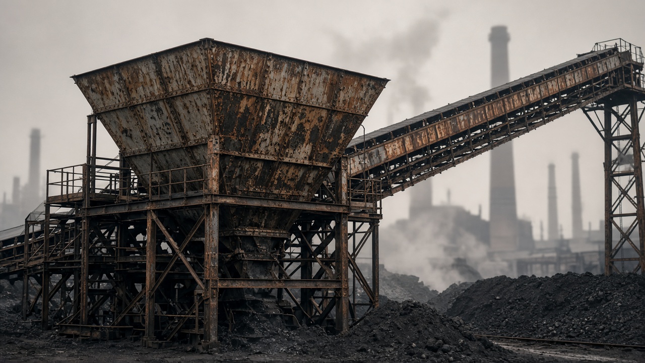Thermal power plant coal hopper and conveyor belt outdoors under haze, rusted metal surfaces, no signage