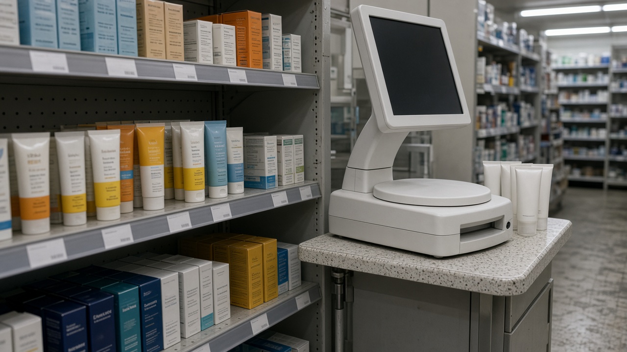 Pharmacy beauty aisle with a countertop UV skin imaging device beside sunscreen tubes, cool fluorescent lighting, scuffed vinyl flooring, no logos or readable text