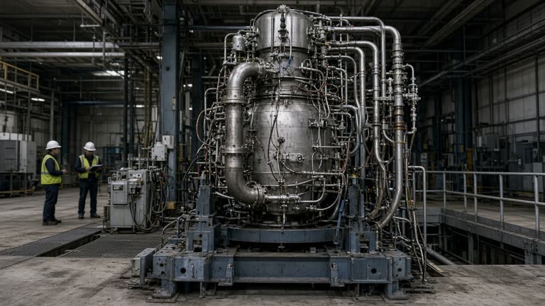 Industrial test bay with a cylindrical rocket engine on a steel mount, coolant pipes and instrumentation, technicians in hard hats at safe distance, muted lighting, no logos or readable labels