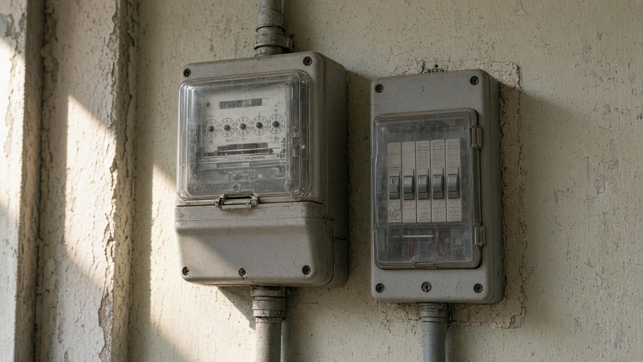 Close view of an electricity meter and circuit breakers on a painted wall in an HDB corridor, afternoon light from a window, worn paint and plastic casing, no logos or readable text