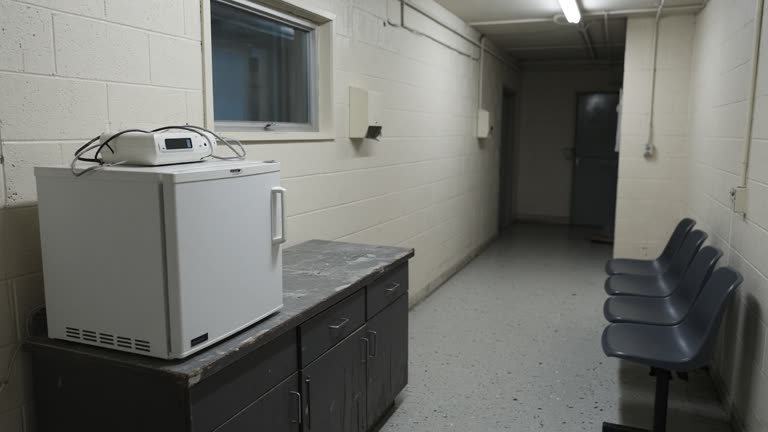 Small remote clinic treatment room with a compact medical vaccine refrigerator and cold-chain monitor on a bench, fluorescent light on painted cinderblock walls, waiting chairs in the corridor, no logos or readable text