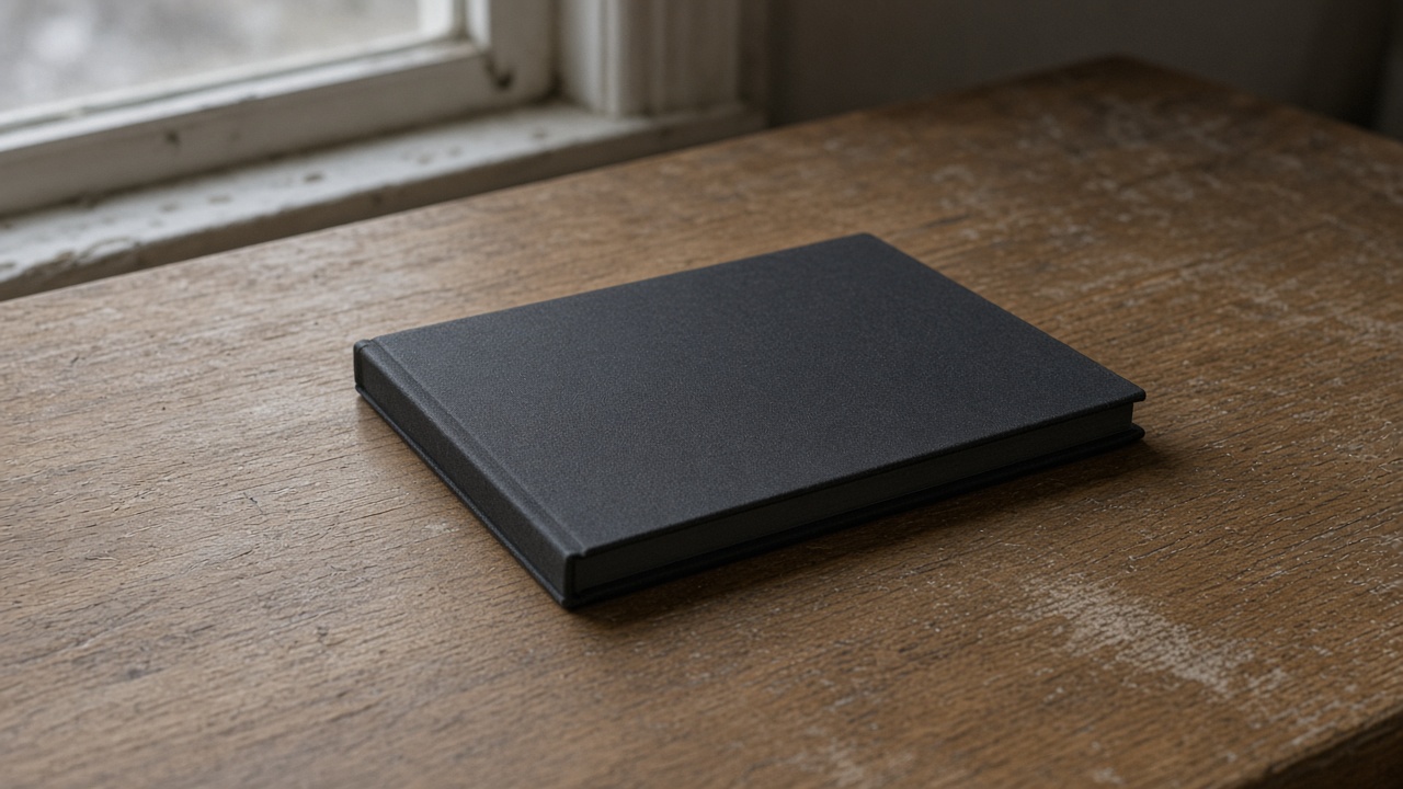Closed unlabeled black hardcover notebook face-down on a wood desk, blank cover, overcast window light, no people, no logos, no readable text