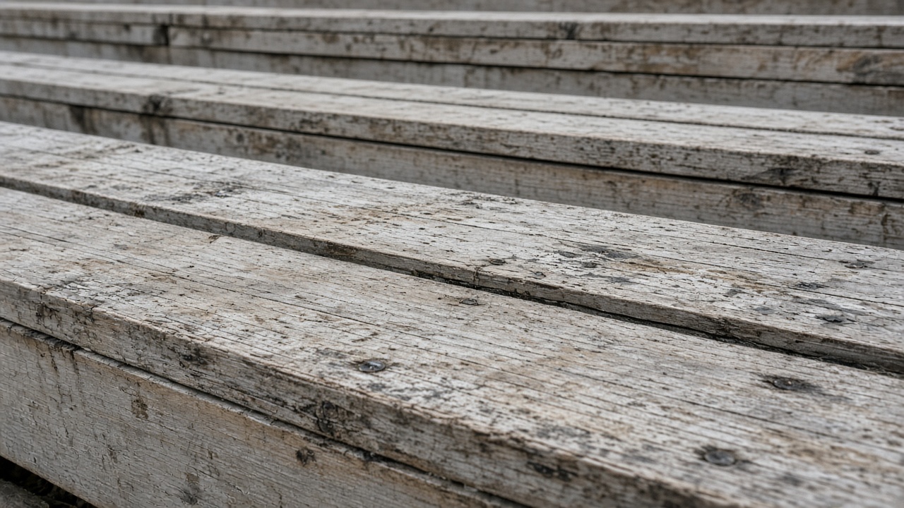 Empty scuffed wooden bleacher plank in overcast daylight, no people, no logos, no readable text