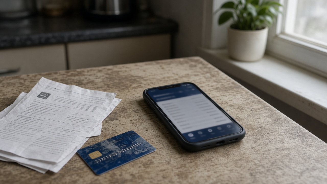 Kitchen table with a credit card beside a crumpled travel itinerary printout and smartphone showing a banking app with blurred text, soft afternoon window light, no logos or readable text