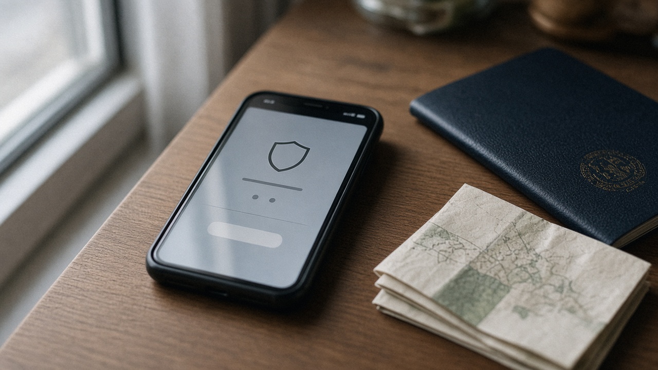 A smartphone showing a banking security prompt on a desk beside a passport and folded travel guide, soft morning light, no logos or readable text on screen.