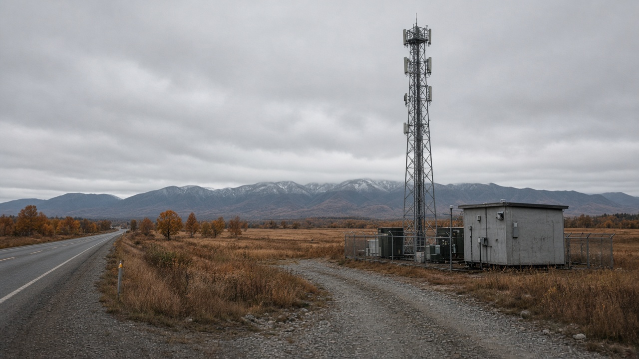 A lone cellular tower and equipment shelter beside a rural Hokkaido highway under overcast autumn sky, brown fields and distant mountains, gravel service road, no logos or readable text
