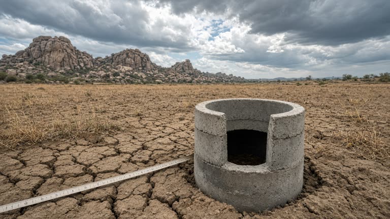 A photoreal scene of a Rayalaseema farm edge with a concrete observation well pipe, a measuring tape, dry cracked soil, granite outcrops and breaking monsoon clouds, no logos or readable text.