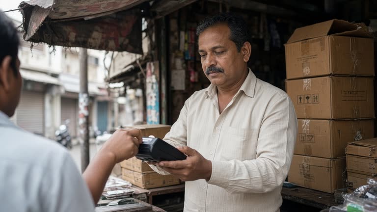 Shopkeeper using a card terminal beside stacked cartons in a tier-2 Indian market street storefront, faded awning and afternoon shade, no logos or readable text