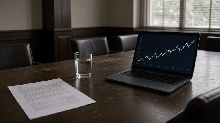 A corporate boardroom table in Mumbai at morning, a printed sanction note and a laptop showing a crude oil price line chart, a half-full glass of water, soft light through window blinds, no logos or readable text