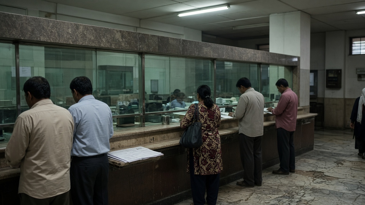 Customers waiting at a public-sector bank branch counter with fixed-deposit forms on the desk, fluorescent ceiling light, green partition glass, worn marble floor, no readable signage or logos