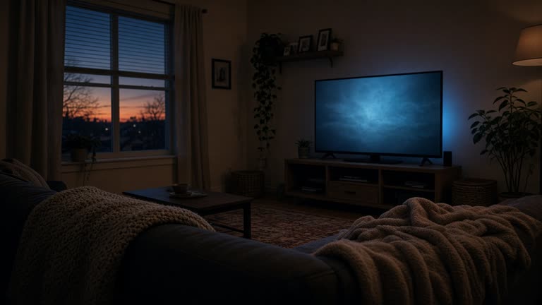 Living room with large television glow and sofa blankets at dusk, family home interior without visible faces or on-screen text, documentary wire photo, no logos or readable text