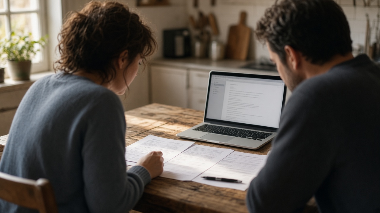 Couple reviewing mortgage paperwork and a laptop at a kitchen table, morning light, worn timber, no logos or readable text