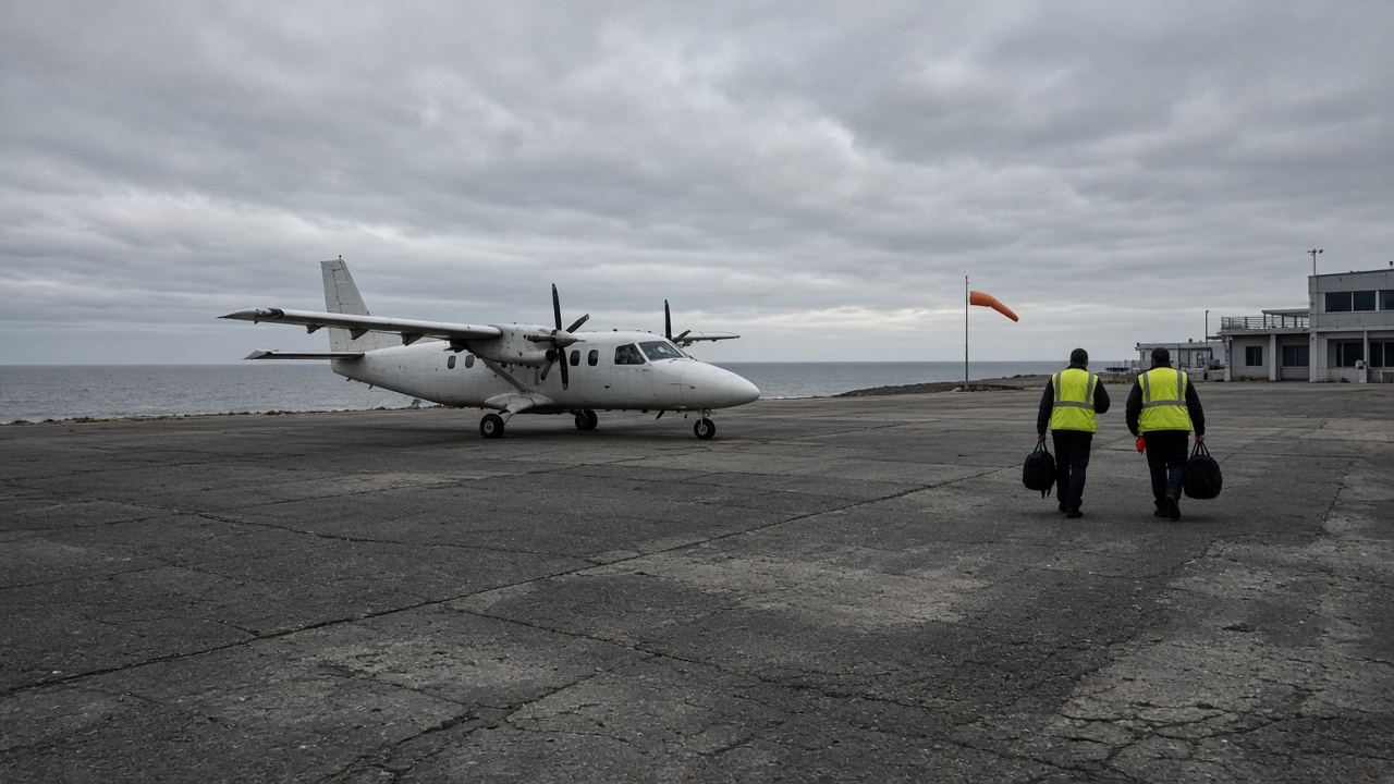 A small regional turboprop parked at a coastal airport apron, crew in high-vis vests walking with soft bags toward the terminal, grey sea horizon, windsock fluttering, cracked tarmac, no logos or readable text