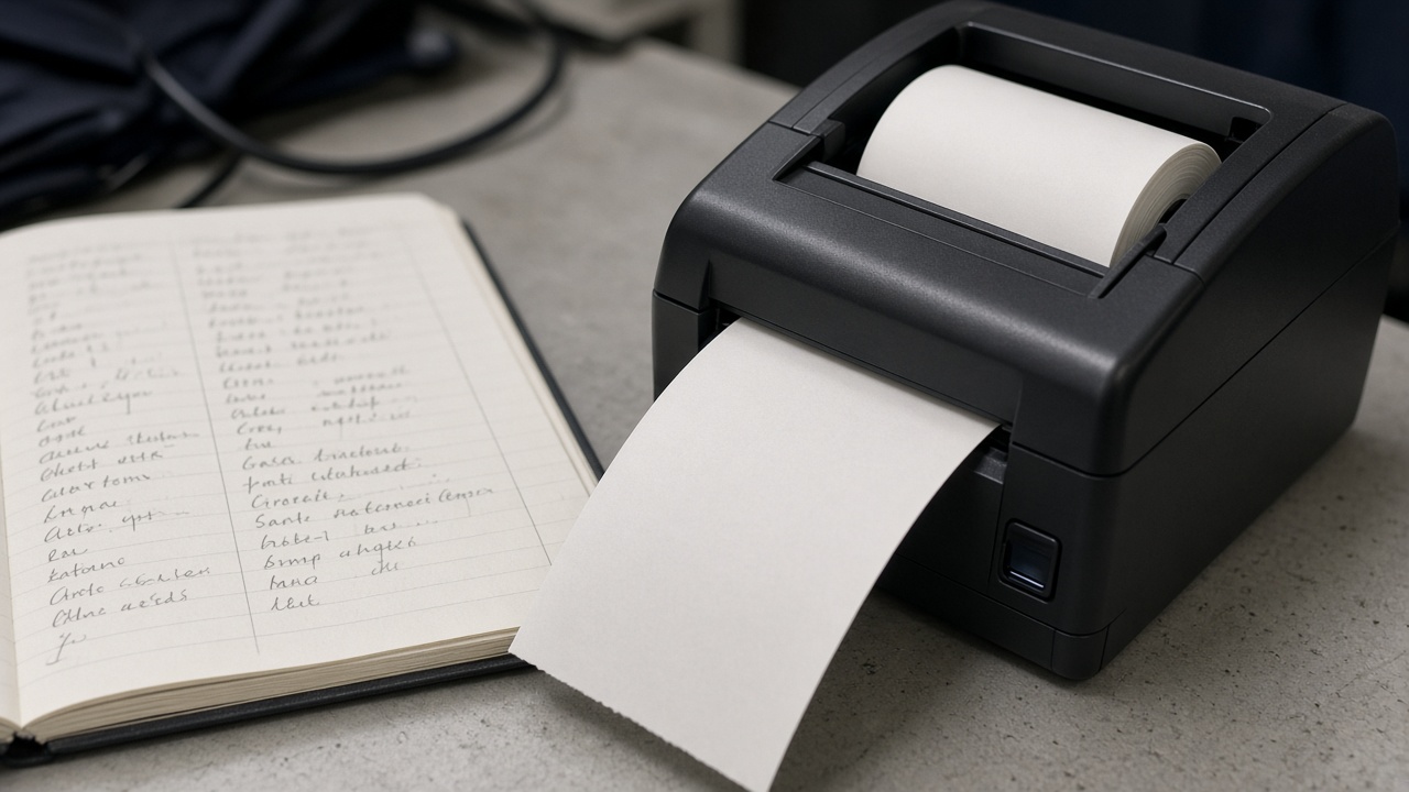 Close view of thermal paper roll feeding through a compact printer beside a handwritten supply ledger at an evacuation desk