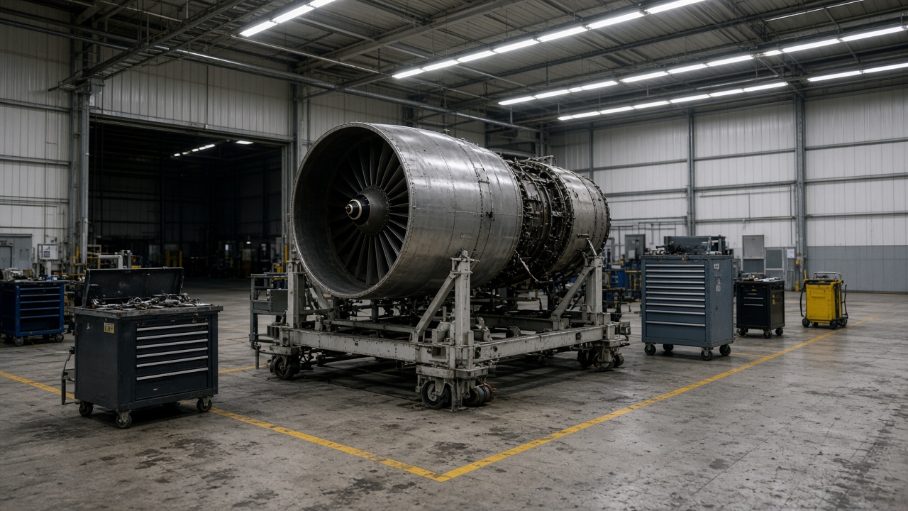 Widebody jet engine on stands inside an industrial maintenance hangar with fluorescent lighting, tooling carts and yellow safety lines on concrete floor, no logos or readable text.