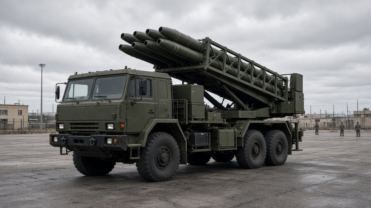 Olive-drab mobile air-defense launcher on a paved military lot under overcast sky, technicians in distant coveralls, no logos or readable text