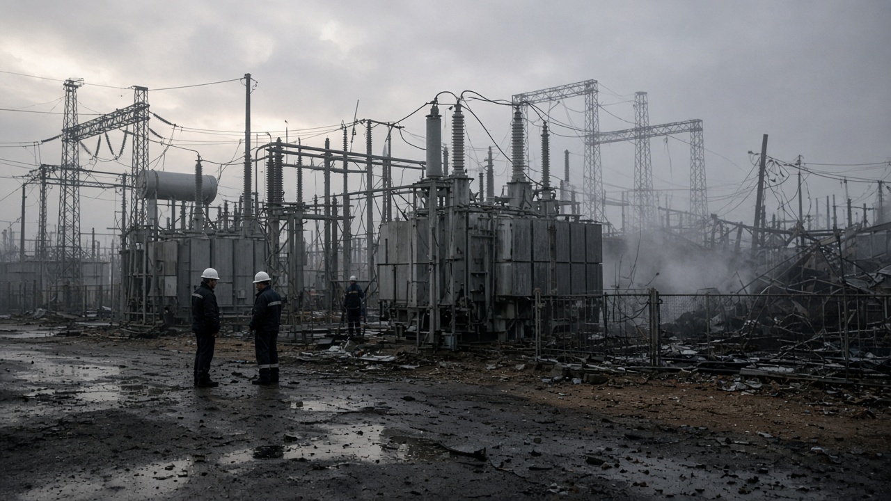 Gray dawn over a regional power substation with damaged transformer yard, utility workers in hard hats at a distance, smoke haze, documentary wire photo, slight underexposure