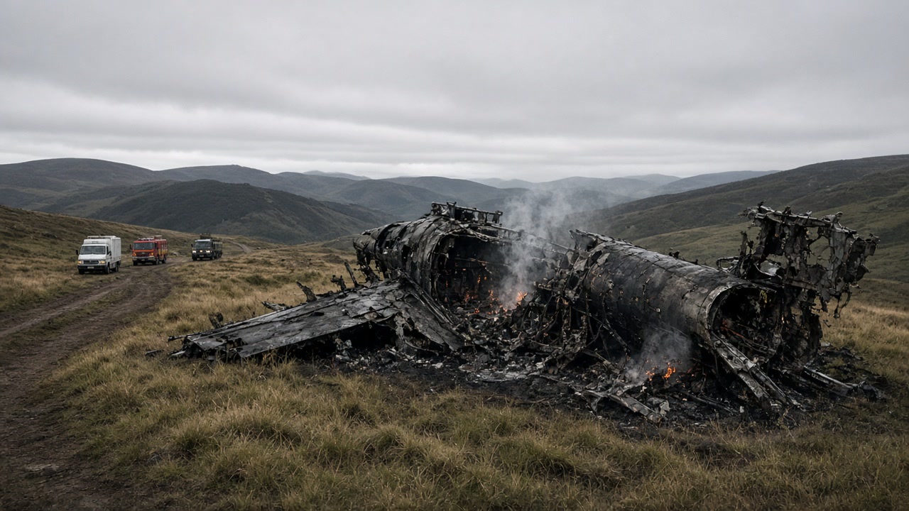 Charred bomber wreckage smouldering in grassy Far East hills under grey sky, emergency vehicles distant on a dirt track