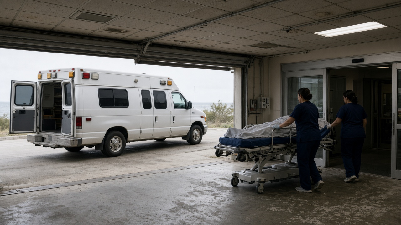 Regional hospital ambulance bay with a white coach parked at the curb, staff rolling a patient on a stretcher past scuffed linoleum, overcast coastal light through open doors, no logos or readable text.