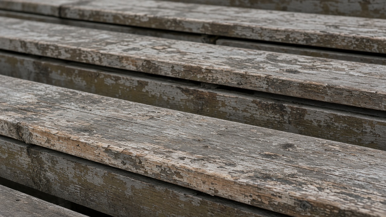 Empty scuffed wooden bleacher plank in overcast daylight, no people, no logos, no readable text