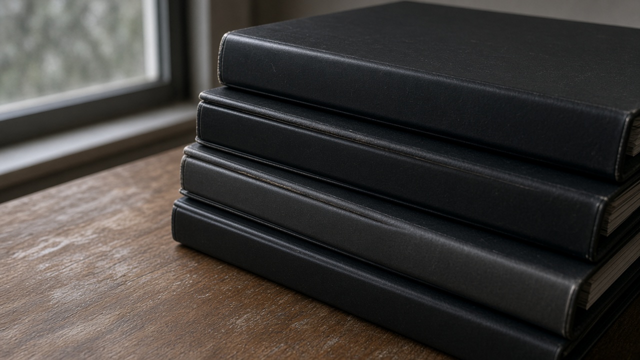 Close-up of closed blank black binders stacked on a wood table, overcast window light, no people, no logos, no readable text