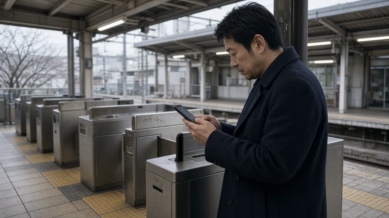 Commuter tapping a smartphone at a suburban JR ticket gate on an overcast morning, worn platform tiles and steel canopy, no logos or readable text