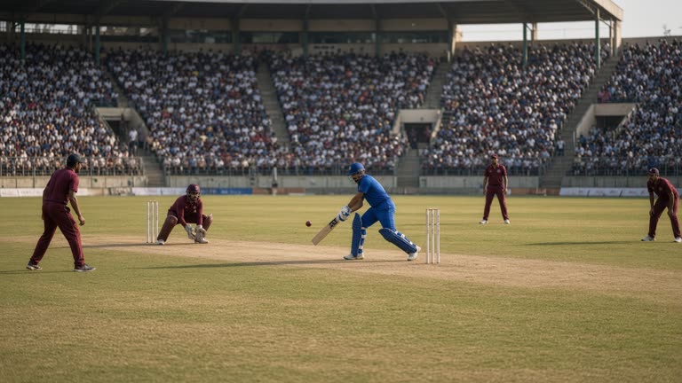 Photorealistic cricket scene at Greenfield Stadium, Thiruvananthapuram, a batter in blue preparing to face a delivery, fielders in maroon waiting, crowd in the stands, natural late-afternoon light, no logos or readable text.