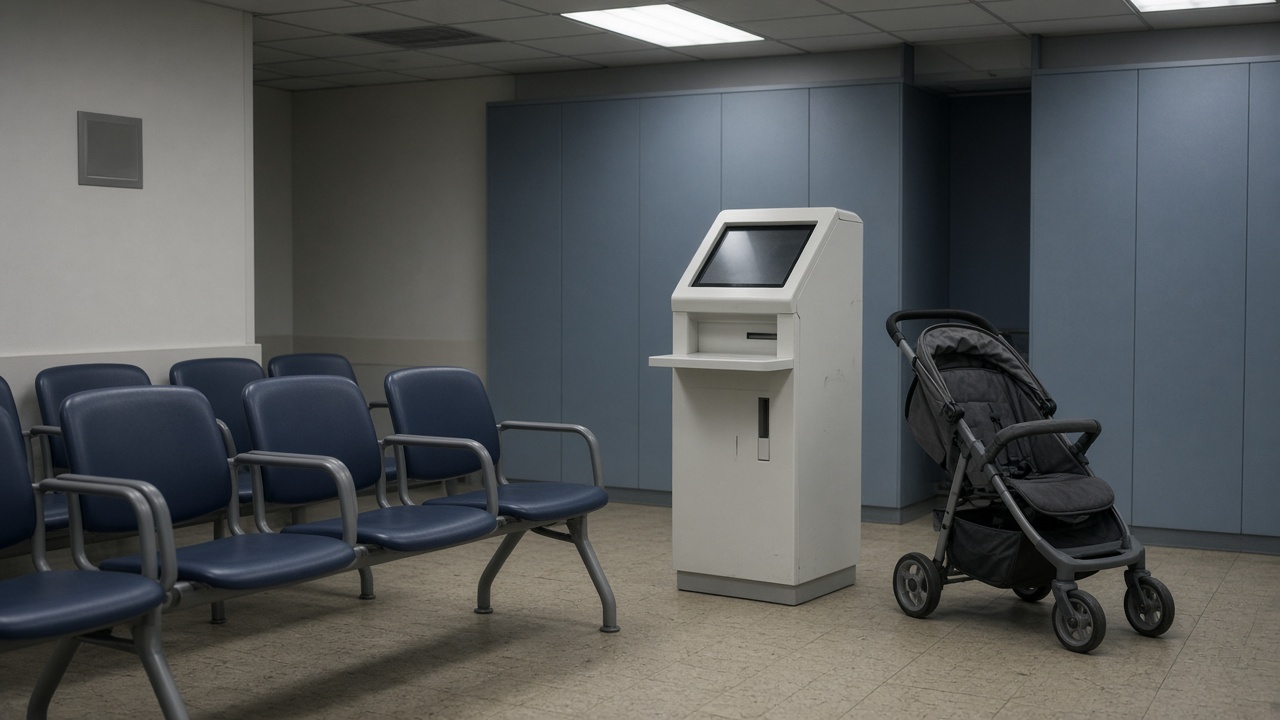 Pediatric hospital waiting area with a freestanding symptom triage kiosk, plastic seating, fluorescent lighting, stroller parked nearby, muted blue wall panels, no logos or readable text