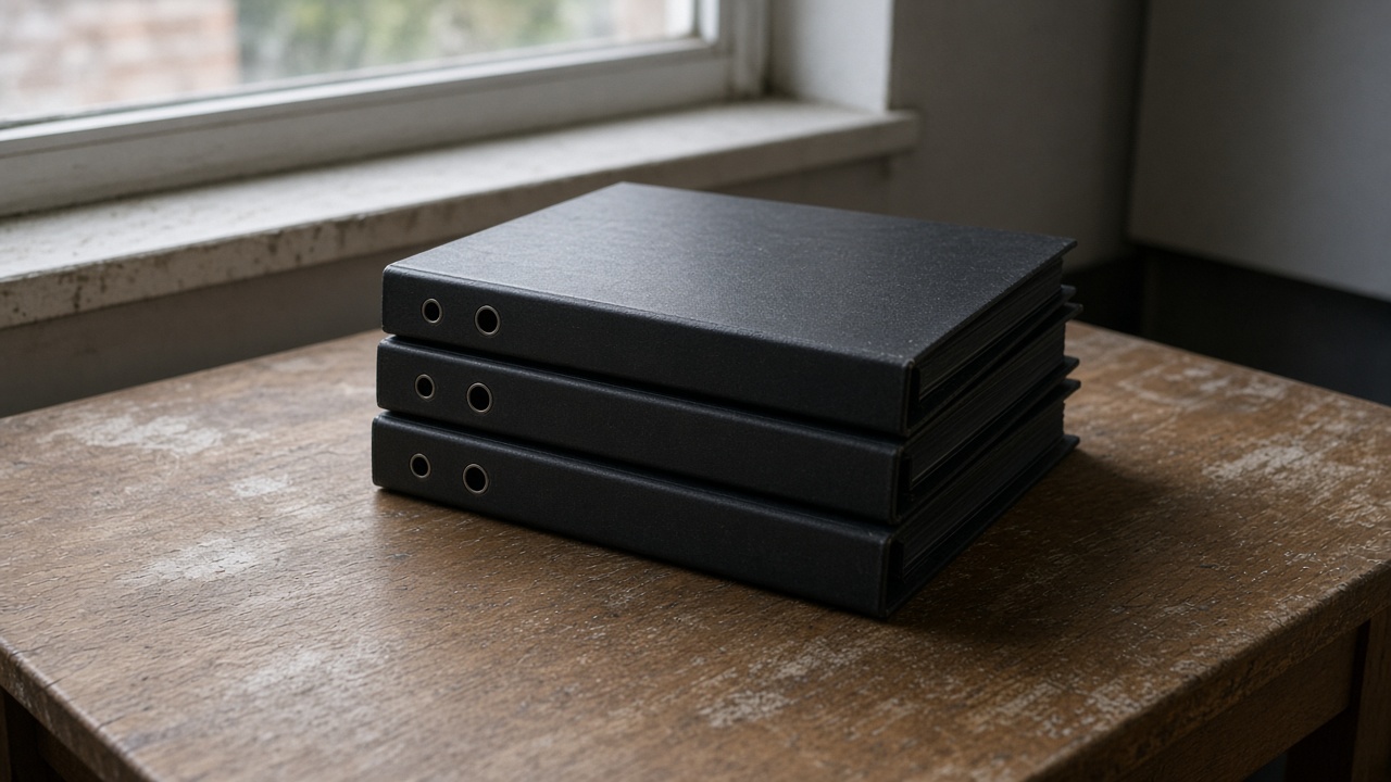 Close-up of closed blank black binders stacked on a wood table, overcast window light, no people, no logos, no readable text