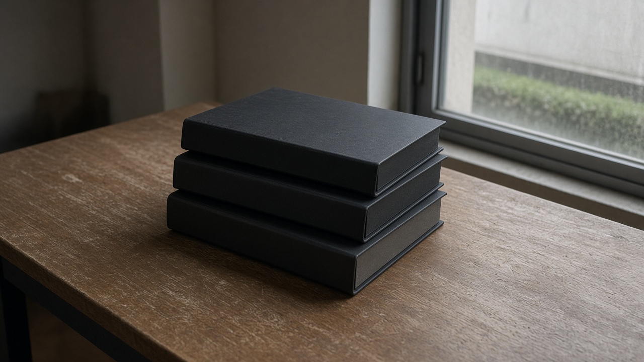 Two closed blank black ring binders on their sides on a wood table, overcast window light, no people, no logos, no readable text