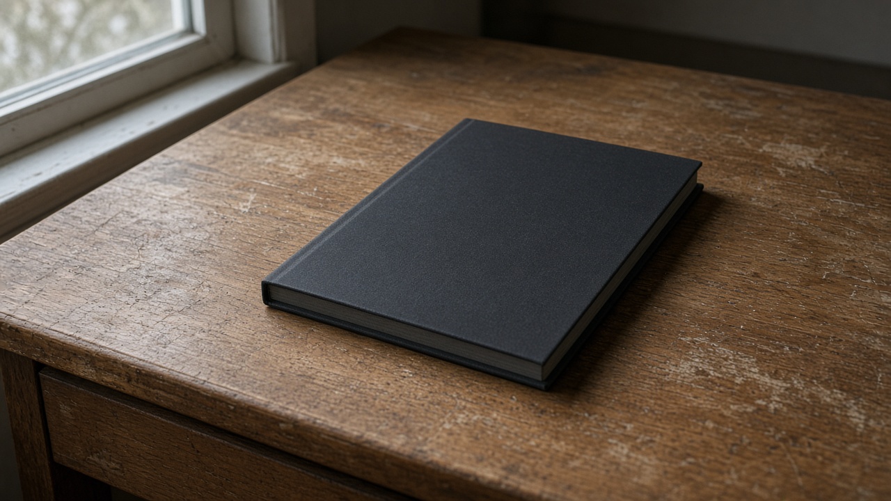 Closed unlabeled black hardcover notebook face-down on a wood desk, blank cover, overcast window light, no people, no logos, no readable text