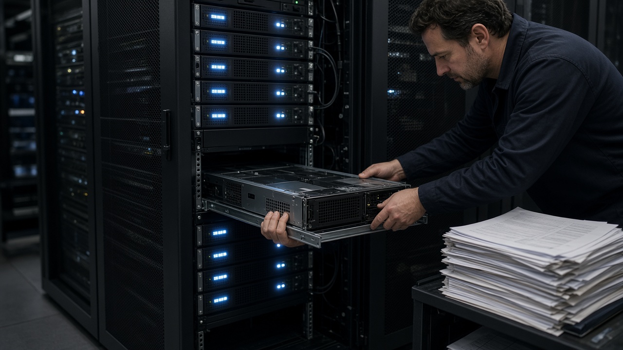 Engineer sliding a GPU server tray into a rack in a dim data closet beside stacked paper hearing transcripts, cool LED light, no logos or readable text.