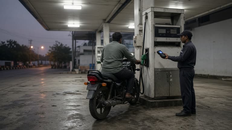Indian highway petrol pump forecourt at dusk with a motorbike beside a fuel dispenser, attendant holding a payment terminal away from camera, stained concrete and fluorescent canopy lights, no logos or readable text