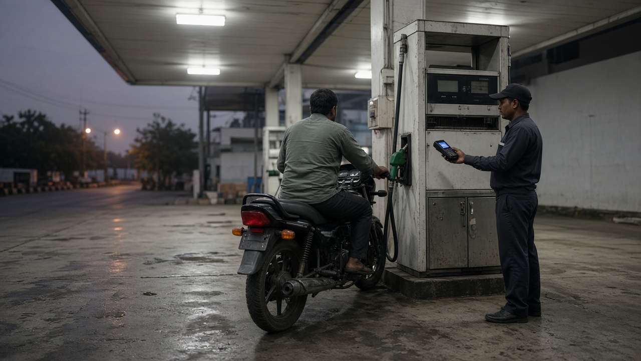 Indian highway petrol pump forecourt at dusk with a motorbike beside a fuel dispenser, attendant holding a payment terminal away from camera, stained concrete and fluorescent canopy lights, no logos or readable text