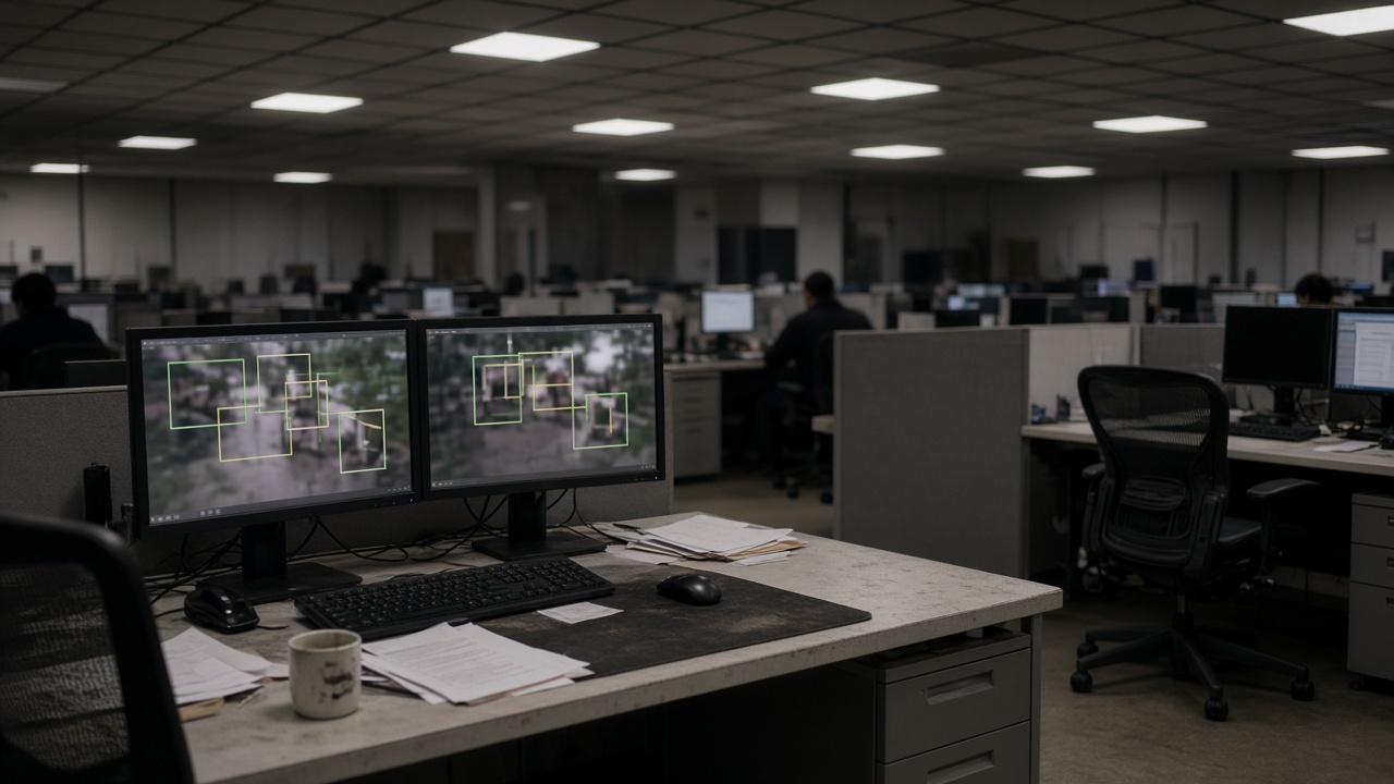 Windowless office bullpen with dual monitors showing blurred bounding boxes on imagery, ergonomic chairs, coffee-stained desk mats, evening overhead light, no logos or readable text