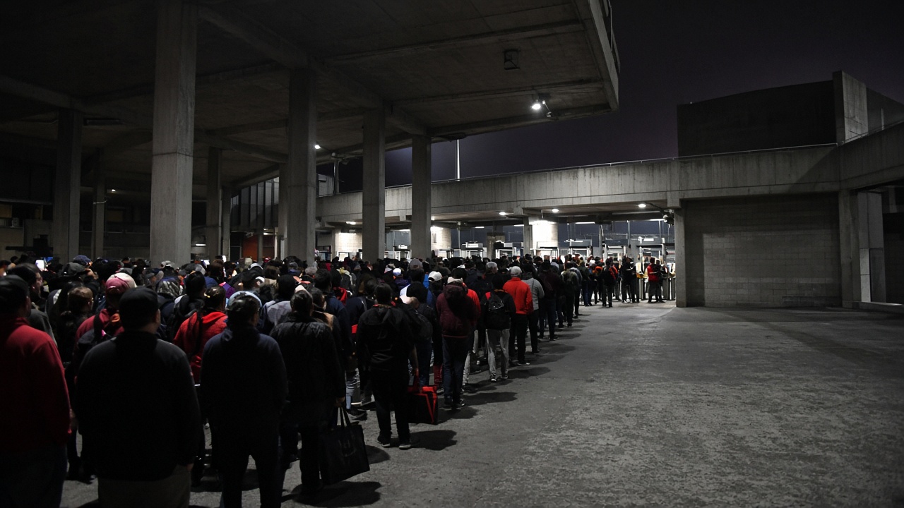 Evening AFL stadium exterior, fans in team colours queuing at ticket turnstiles under floodlights, concrete concourse, slight grain, no readable signage or faces.