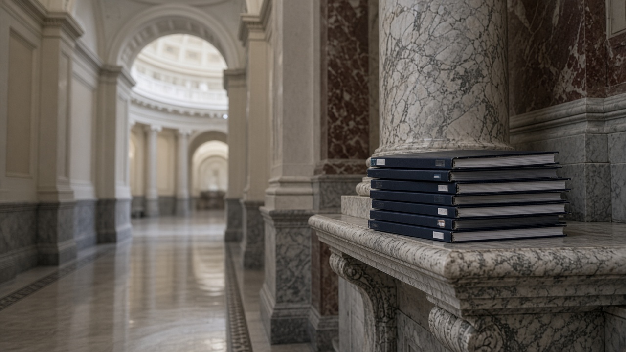 U.S. Capitol hallway with marble columns and stacked briefing binders on a side table, soft overhead light, blurred rotunda glimpse, no readable nameplates or logos
