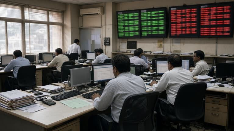Mumbai stockbroking office with traders at desks facing wall-mounted LED panels showing green and red price blocks without readable numbers, afternoon light through dusty blinds, paper tickets and keyboards on laminate desks, no logos or readable text