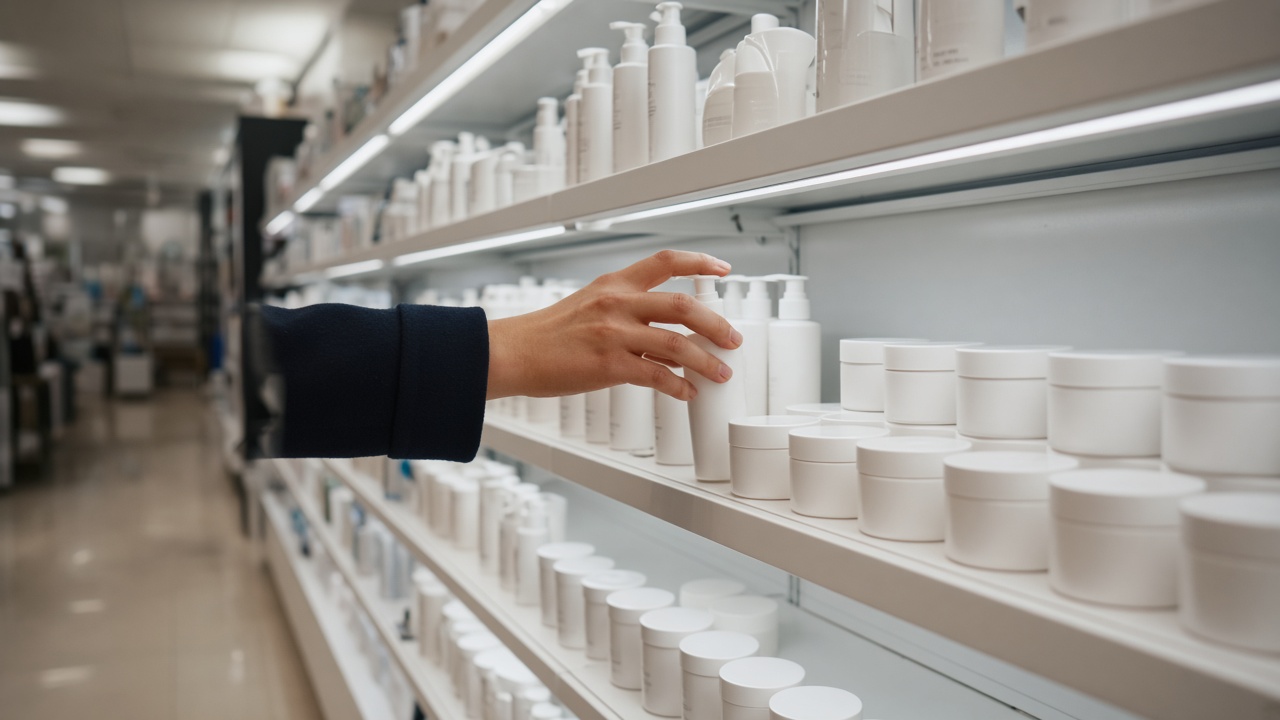 Retail beauty aisle with rows of identical white moisturizer jars on lit shelves, hand reaching for a pump bottle, polished floor reflection, no logos or readable text