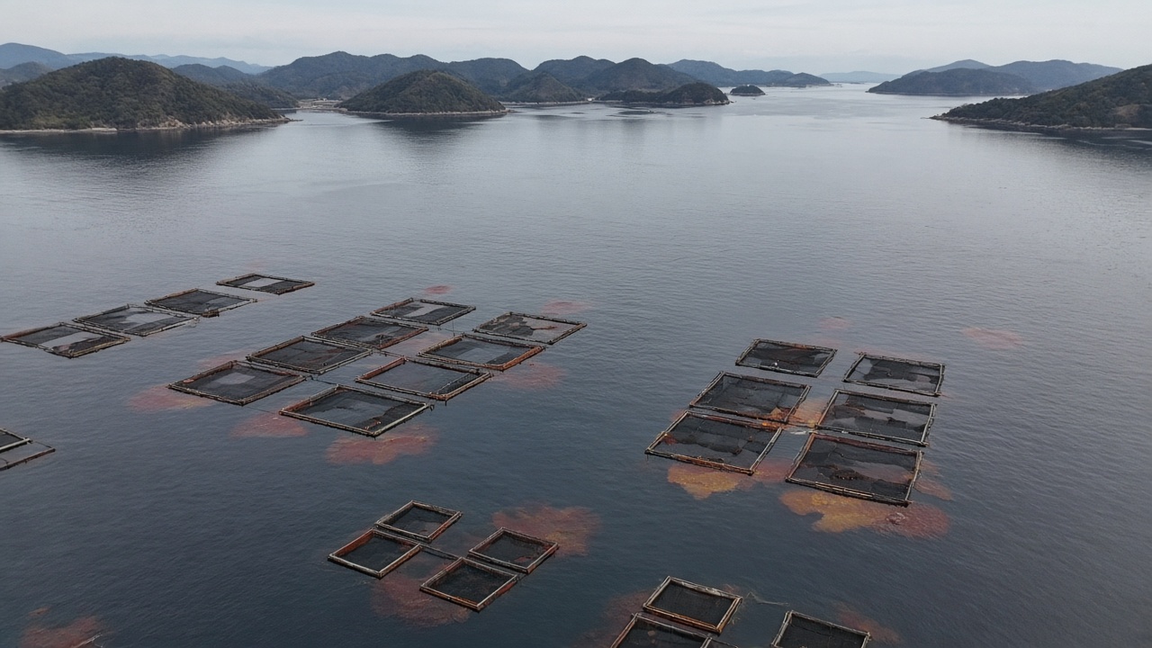 Aerial view of Seto Inland Sea fish pens with rust-colored water patches near the floats.