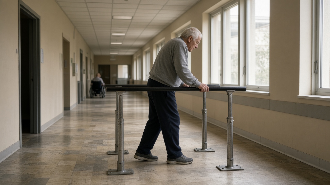 Hospital rehabilitation corridor with parallel bars and folded walkers along beige walls, soft daylight from side windows, worn linoleum floor, no logos or readable text
