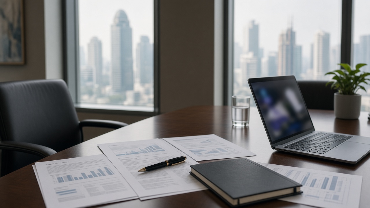 A photoreal boardroom table in a Singapore office tower with printed annual report pages, a fountain pen, and a laptop showing an abstract line chart, morning light through blinds, no logos or readable text.