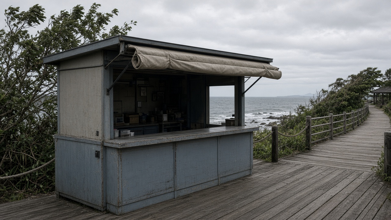 Closed outdoor cosmetics sampling kiosk with rolled canvas awning on a windy Okinawa resort walkway, overcast sea in background, no brand logos or readable text