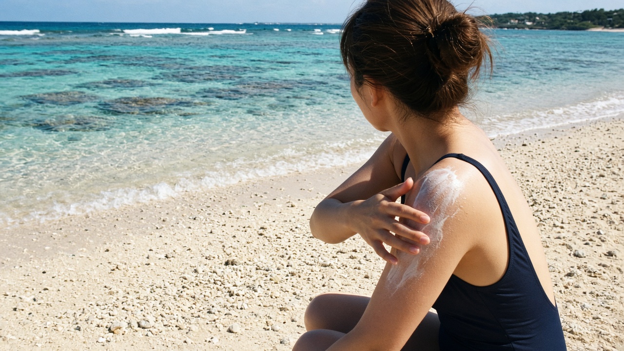 Tourist applying lotion on an Okinawa beach with turquoise shallows and reef visible offshore.