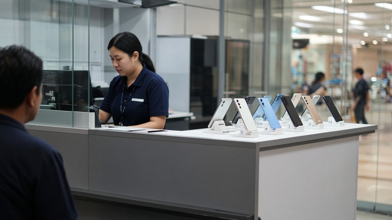 Customer service desk at a Singapore mobile phone retail shop with smartphones on display, ambient mall lighting, documentary photo