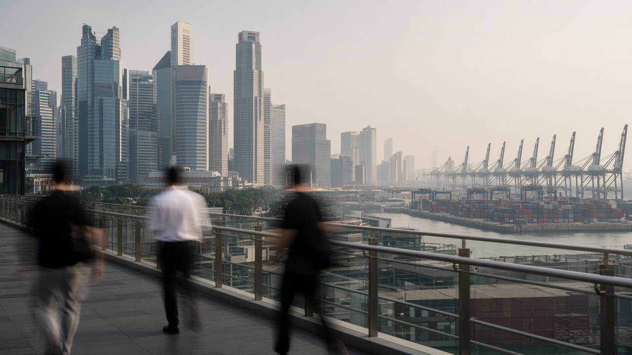 Singapore financial district and port warehouses seen from an elevated walkway at hazy afternoon, glass towers and container cranes in distance, pedestrians blurred, no logos or readable text