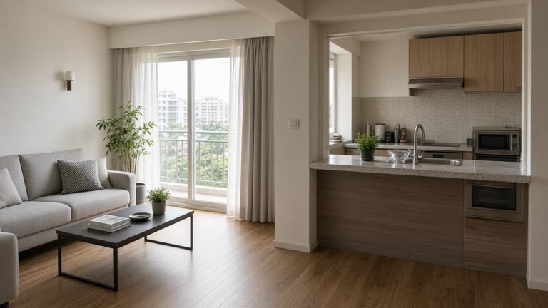 Bright HDB showflat living room with laminate flooring and open kitchen hatch, soft daylight through balcony glass, no logos or readable text