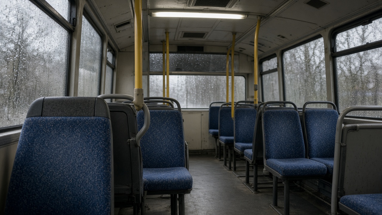 Interior of a double-deck public bus with empty blue fabric seats and handrails, fluorescent cabin light and rain-streaked windows, no logos or readable text