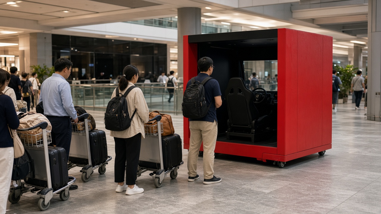 Travellers queue at a temporary KitKat-themed racing simulator rig in Changi Airport Terminal 2 under soft mall lighting, red accent panels without readable branding, luggage carts nearby, no logos or readable text