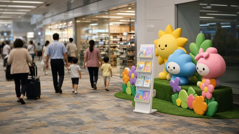 Families walk past a colourful temporary mascot display in Changi Terminal 4 transit hall, soft carpet and duty-free storefronts blurred, brochure stand with illustrated character shapes but no readable text